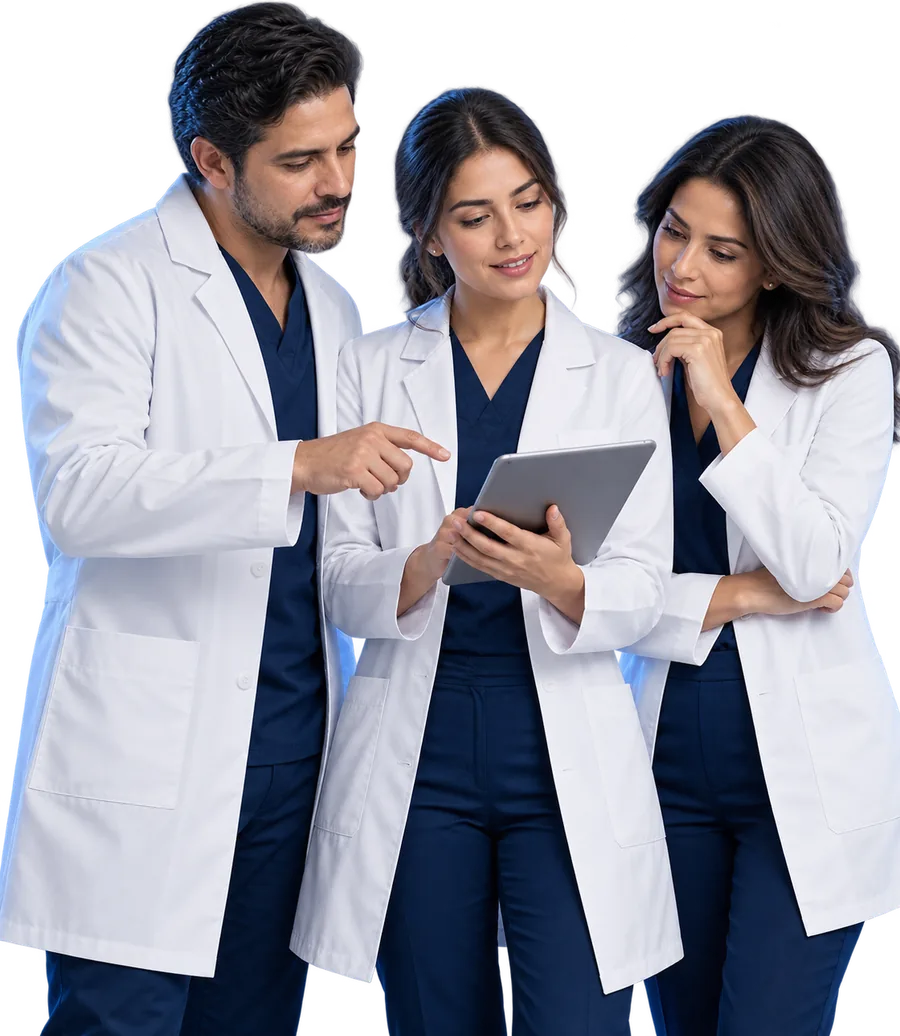 Profesionales de la salud revisan información clínica en una tableta