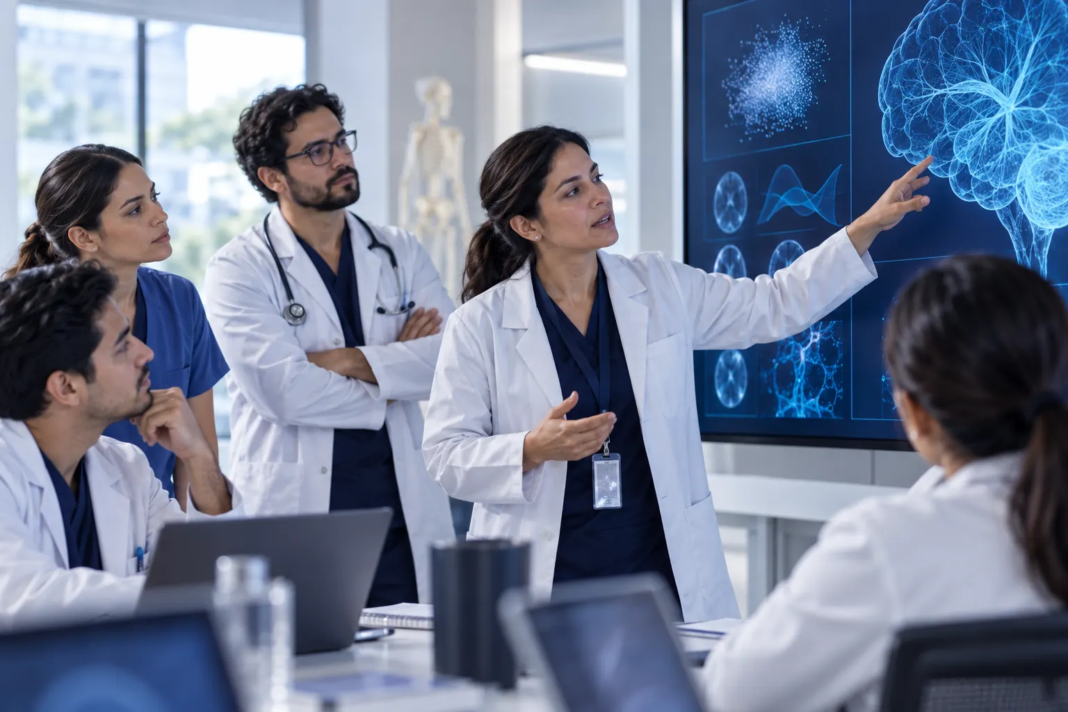 Equipo científico revisando datos de investigación