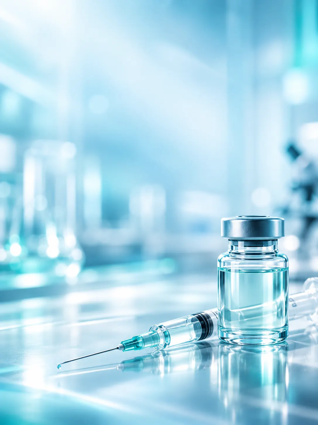 Vial de vacunación y jeringa sobre una superficie de laboratorio