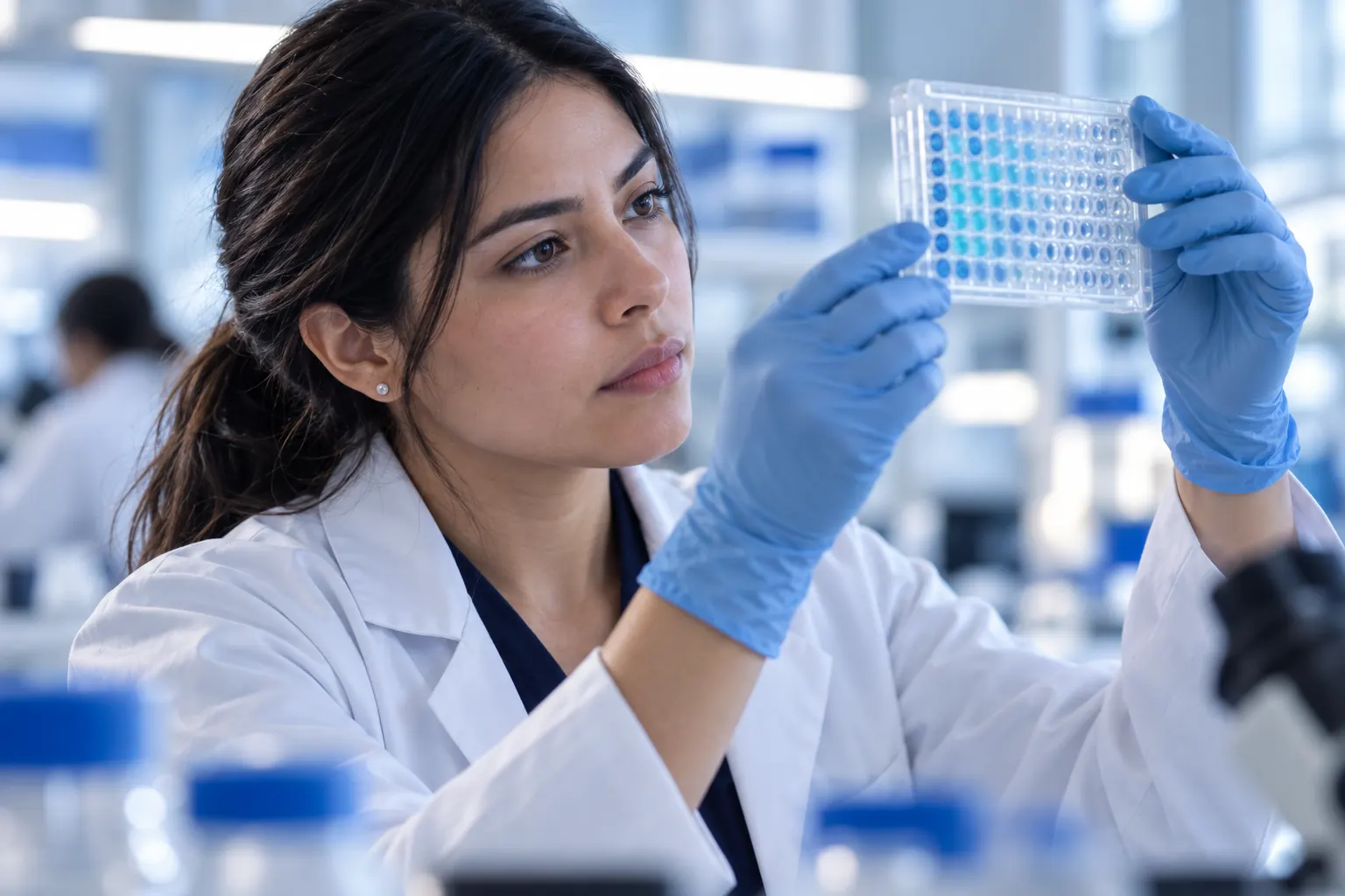 Análisis de muestras en una microplaca de laboratorio